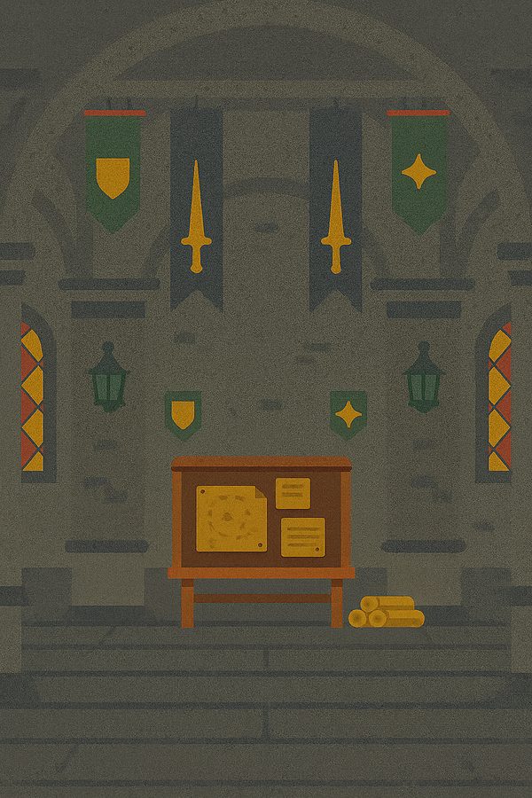 The Quest Guild hall with banners and a quest board