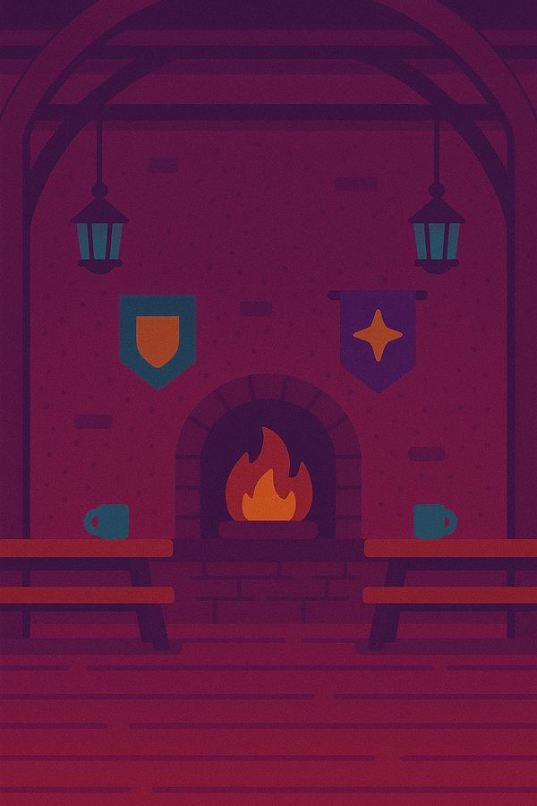 The Dry Tavern — a fireplace, banners, and two mugs that are definitely not ale